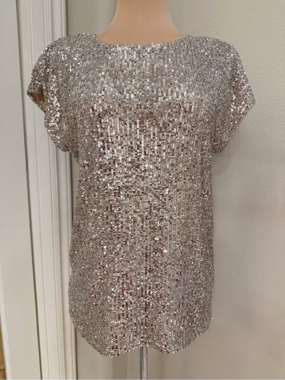 Cable & Gauge Champagne Sequin Short Sleeve Top Medium NWOT Lined - Picture 3 of 9